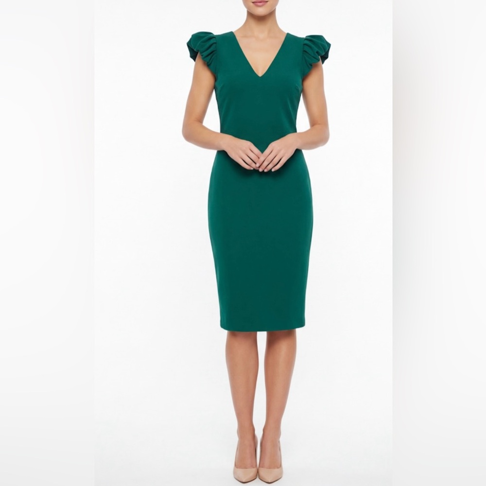 Calvin Klein Emerald Green Ruffle Sleeve Sheath Dress Size 10